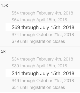 Registration pricing chart for Hot Chocolate Tampa 2018.