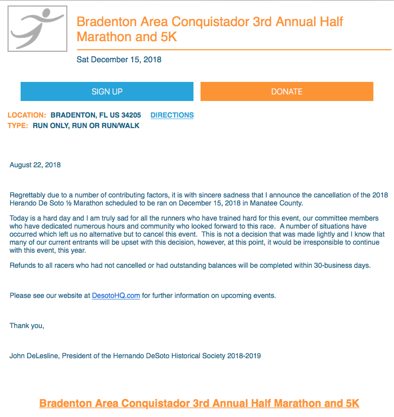 Bradenton Conquistador Half Marathon Cancelled for 2018
