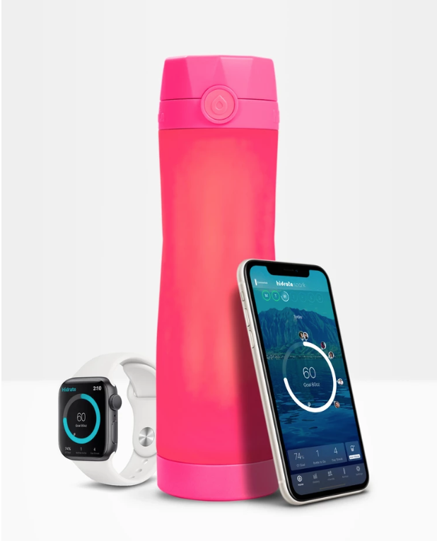 Hot Pink Hidrate Spark Water Bottle with Smart Watch and Smartphone.