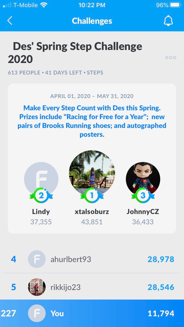 Screen shot of the FitnessBank Tracker app leaderboard for Des' Spring Step Challenge.
