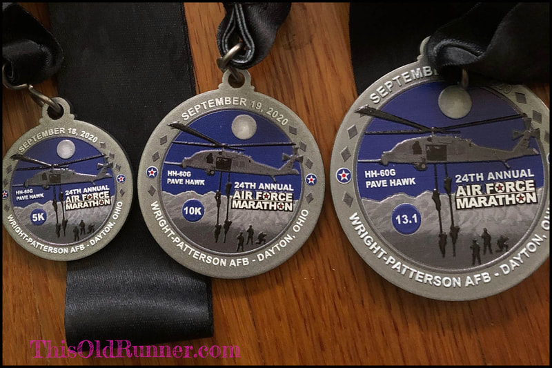 Medals for the 2020 Air Force Marathon: 5k, 10k and Half Marathon Medals.