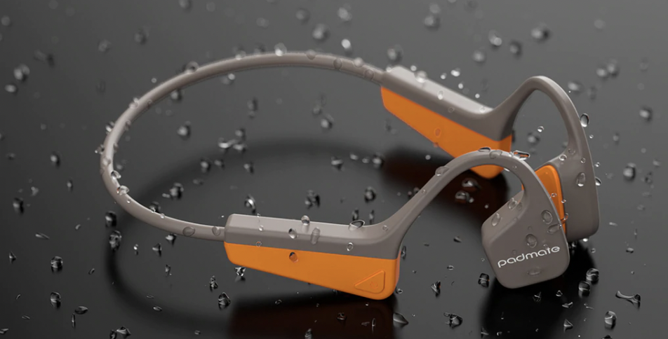 Water resistant Padmate S30 bone conduction headphones shown in orange and gray model.