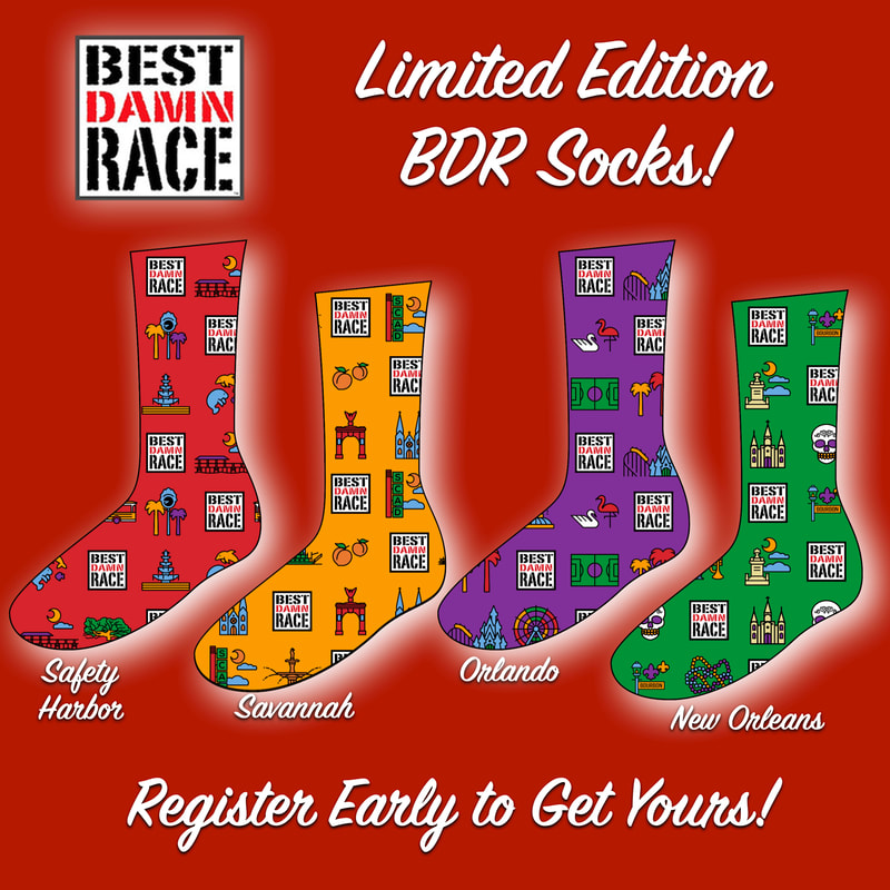 Picture of city-specific socks for Safety Harbor, Orlando, Savannah and New Orleans Best Damn Race events.